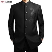 Wholesale New Black Chinese Tunic Suit Men s Traditional Stand Collar Suits Apec Leader Costume Male Embroidery Dragon Totem Suits LY191202