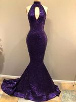 Wholesale Grape Purple High Neck Prom Dresses Sparkly Sequined Mermaid Evening Gown African Open Back Plus Size Formal Party Dresses BC4045
