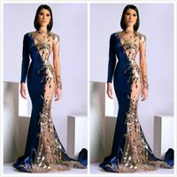 Wholesale Aso Ebi Arabic Sparkly Sexy Evening Dresses Sheer Neck Mermaid Prom Dressses Mermaid Velvet Formal Party Bridesmaid Pageant Gowns ZJ224