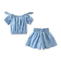 Wholesale Girls Denim Sets Baby Soft Denim Off Shoulder Bow Tops Wide Leg Shorts Pants Set Kids Summer Designer Clothes Outfit Z11