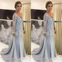 Wholesale 2019 Hot Sale Mermaid Plus Size Mother Of The Bride Dresses V Neck Long Sleeves Lace Appliques Tulle Beads Sweep Train Party Evening Gowns