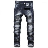 Wholesale Waist Jeans Casual Natural Color Loose Straight Jeans Mens Clothes Mens Stretch Jeans Fashion Hole Panelled Mid