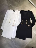 Wholesale 2020 Black white Lion Head Metal Button Women s Dress Designer V Collar Long Sleeves Milan Runway Dress