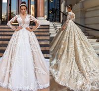 Wholesale Plunging V Neck Sexy Wedding Dresses Long Sleeve Appliqued Lace A Line Bridal Gowns Court Train Buttons Back Vestidos De Novia