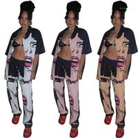 Wholesale Woman Summer Loose Lapel Neck Shirts With Wide Leg Pant Sets Women Hip Hop Clothes Womens Face Two Piece Pants
