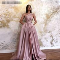 Wholesale Sexy Pink Satin One Shoulder Evening Dresses with Pockets lace High Split Arabic Prom Formal Dresses Long Elegant Christmas Party Gown
