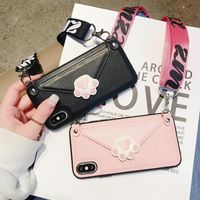 Wholesale Luxury Pink Cat paw Leather Case for iPhone Plus Fashion Card Lanyard Case For iphone XS Max X Plus For Apple iphone pro max fun