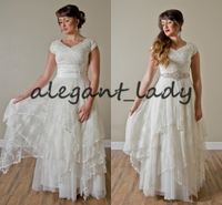 Wholesale vintage lace aline modest wedding dresses with sleeves v neck buttons back floor length s bridal gowns with crystal belt
