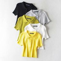 Wholesale Knit T shirt Women Fashion Pure Colors Short Length V Neck Short Sleeve Girl Autumn Spring Streetwear Tees Best Selling Asian Size