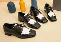 Wholesale 2020010302 black white square cap toe genuine leather oxford panda flats laced crusie