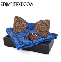 Wholesale Fashion bow ties for men blue bowtie cufflinks pocket square tie set totem print ties cravat wood ties