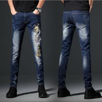 Wholesale Men s Jeans Spring Color Dragon Pattern Embroidered Stretch Slim Feet Pants Trend Casual Fashion Trousers Men