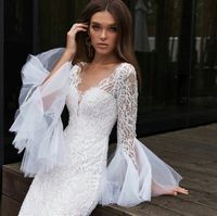 Wholesale Wedding Dresses for Girls Mermaid Long Sleeves Bride Bridal Gowns Lace Appliques Beach Sheath Column Custom Made Plus Size