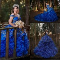 Wholesale Royal Blue Ruffles Tiered Skirt Quinceanera Dresses Gold Lace Embroidery Ball Gown Sweet Appliques Alluring Girls Evening Gowns
