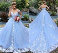 Wholesale Ice Blue Princess Wedding Dresses Sheer Neck Lace Applique Covered Buttons Cathedral Train Beach Bride Gowns Robes