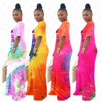 Wholesale Women Summer Tie dye Gradient Long Maxi Dress BLACK LIVES MATTER Letter loose Dresses with Pocket Short Sleeve Overall Beachwear D71404