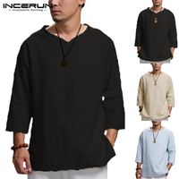 Wholesale Plus Size XL Chinese Style T Shirt Men Solid Loose Sleeve V neck Tee Shirt Men Casual Cotton Vintage Mens T shirt