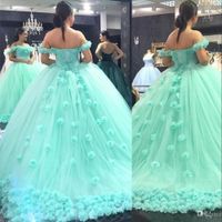 Wholesale New Sexy Mint Green Quinceanera Dresses Ball Gown Off Shoulder Tulle D Rose Flowers Open Back Sweep Train Sweet Party Prom Evening Gowns