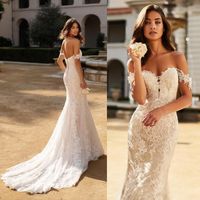 Wholesale 2020 Off The Shoulder Mermaid Wedding Dresses Sexy Berta Lace Sexy Backless Bridal Gowns Sweep Train Plus Size Trumpet