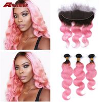Wholesale Anlimer Ombre B Pink Brazilian Body Wave Remy Human Hair Bundles With x4 Lace Frontal Closure Ear to Ear Dark Roots