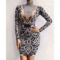 Wholesale Casual Dresses Sparkly Rhinestones Pearls Long Sleeve Dress Black Grey Color Sexy Women Birthday Celebrate Evening Party Stage Outfit