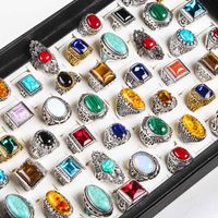 Wholesale 50pcs nature stone Tibetan Silver Golden rings men vintage alloy couple turquoise hombre jewelry rings women