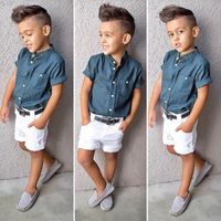 Wholesale 2Piece Toddler Boys Summer Clothes Kids Wear Fashion Blue Short Sleeves Baby T shirt White Shorts Children Clothing Sets