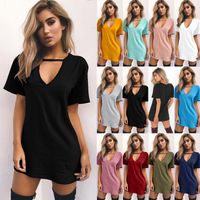 Wholesale Women solid color T Shirt dresses Sexy Deep V Neck Halter Hollow Out Series Tees t shirt tops Long T shirt Dress plus size women dress L9106