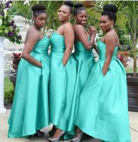 Wholesale Mint Green Satin Bridesmaid Dresses Plus Size Strapless Floor Length Custom Made Bridesmaid Gowns With Pocket