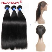 Wholesale HuangCai Straight Peruvian Lace Frontal Closure With Bundles Human Hair Bundles With Closure Non Remy Hair Extention