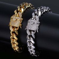 Wholesale Hip Hop CZ Zircon Paved Lock Bling Ice Out Cuban Miami Curb Link Chain Bracelets for Men Rapper Jewelry Gold Silver Color