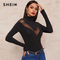 Wholesale SHEIN Black High Neck Mesh Inert Form Fitted Sexy T Shirt Women Tops Spring Long Sleeve Glamorous Sheer Solid Skinny Tees CX200622