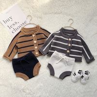 Wholesale New Baby Sets Korea and Japan Style Knitted Baby Boy Bread Trousers Suit With Side Button Stripes Piece Set Girl Clothes