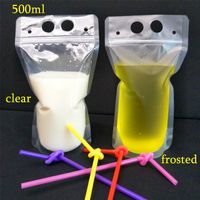 Wholesale 500ml Plastic Drink Bag Zipper Stand up Drink Pouches Summer Drinkware for Beaverage Juice Milk and Coffee