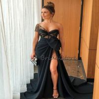 Wholesale One Shoulder High Slits Mermaid Evening Dresses Black Long Train Big Bow Formal Prom Party Gowns Celebrity Pageant Occasion Dress Cheap