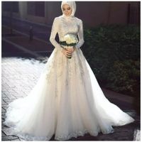 Wholesale Muslim Arabic Wedding Dresses high neck Long Sleeves Lace Applique With Hijab A Line Zipper Back Vestidos De Noiva Bride Dress Princess