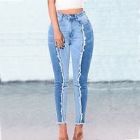 Wholesale Women s Jeans Color Block Patchwork Woman Plus Size Skinny Push Up Leggings High Street Light Blue Denim Tassel Pencil Pants