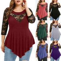 Wholesale Women Tshirts Plus Size Lace O Neck Long Sleeve Sheer Sexy Tops Casual Floral Loose Womens Tees