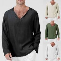 Wholesale Men Summer Tops Linen Blouse T Shirts Pullovers Long Sleeve Loose V Neck Thin Tees Plus Size XL Male T Shirts Black Green