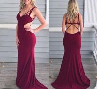 Wholesale Dark Red Sexy Cheap Long Mermaid Prom Dresses Spaghetti Straps Criss Cross Back Formal Dress Special Occasion Dresses robes de soirée