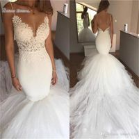 Wholesale 2021 Charming White Mermaid Wedding Reception Fit Flare Dresses Spaghetti Straps Tulle Sexy Backless African Plus Size Bridal Gowns
