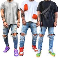 Wholesale Waist Male Jeans with Zipper Fly Mens Skinny Jeans Holes Slim Mens Pencil Pants Casual Plaid Printed Mid