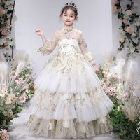 Wholesale Sheer Neck Flower Girl Dresses Organza Little Girls Pageant Dresses Lace Applique Princess Children Wedding Gowns Flower Beaded Girl Dresses