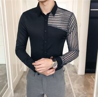 Wholesale Men s Dress Shirts See Through Lace Hollow Men Shirt Long Sleeve Spring Mens Casual Slim Fit Night Club Chemise Homme