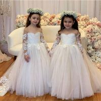 Wholesale Long Sleeve Illusion Puffy Lace Lovely Flower Girl Dresses For Weddings Graduation Gowns Children birthday communion gown Gala Jurken