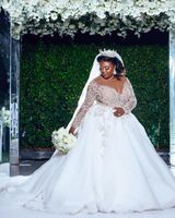 Wholesale 2020 Plus Size Wedding Dresses Luxurious Lace Beaded Sheer Neck Sexy Arabic Aso Ebi Bridal Dresses Long Sleeves Wedding Gowns