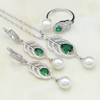 Wholesale 925 Silver Jewelry Sets Natural Green Cubic Zirconia White Pearl For Women Drop Earrings Ring Pendant Necklace Set