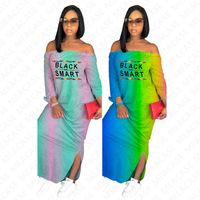 Wholesale Black Smart letter print women designer long dress summer gradient color shoulderless maxi dresses off shoulder casual beach dress D7613