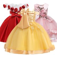 Wholesale New Style Girl Wedding Party One character Shoulder Suspender Dress Girl Bow Nail Pearl Flower Banquet Ball Dress vestidos