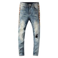 Wholesale Men s Jeans Men Streetwear Skinny Side Leopard Print Patchwork Holes Ripped Slim Stretch Denim Pants